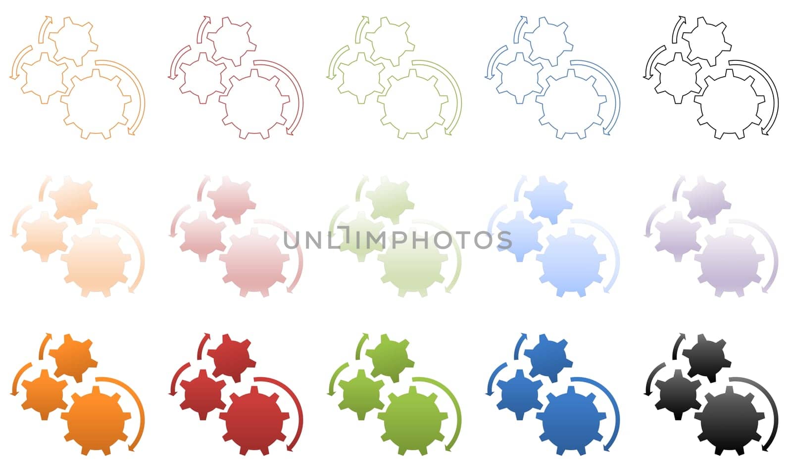 Colorful gearwheel set or collection isolatedin white background