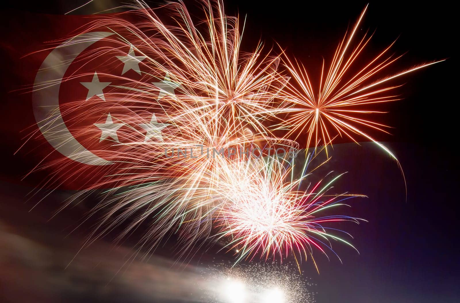 Republic of Singapore Flag with Fireworks Background for National Day Parade Celebration