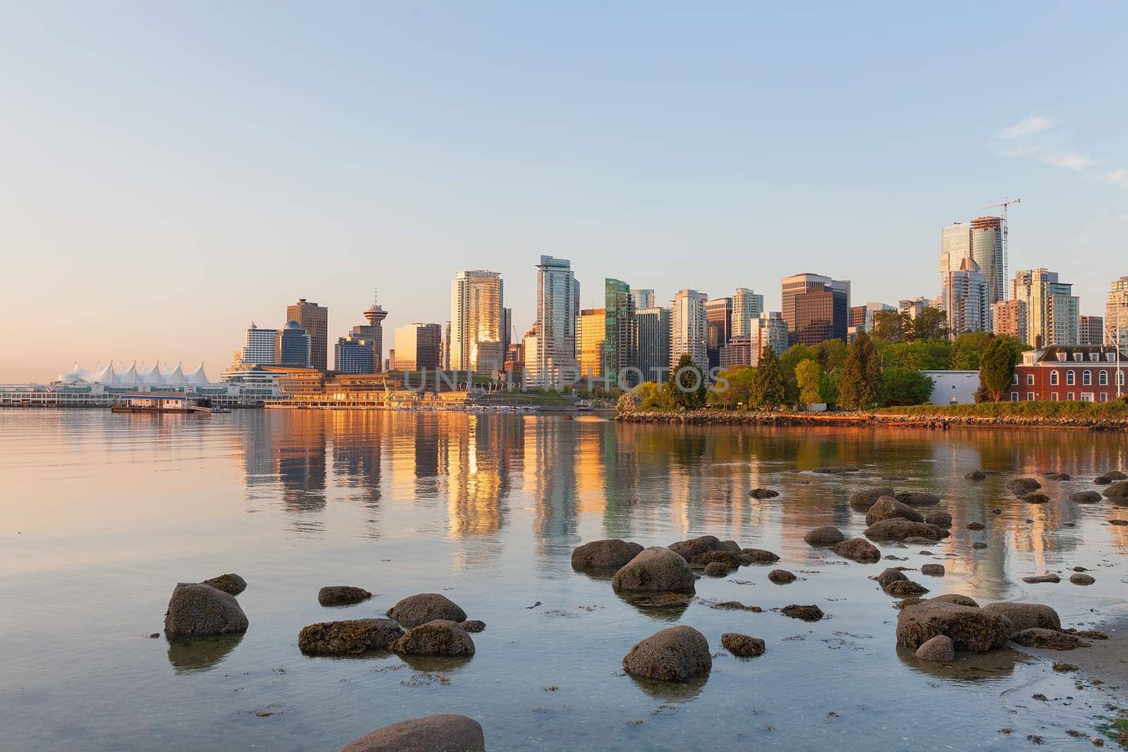 Vancouver British Columbia Canada City Skyline by the Harbor View from Stanley Park along False Creek at Sunrise