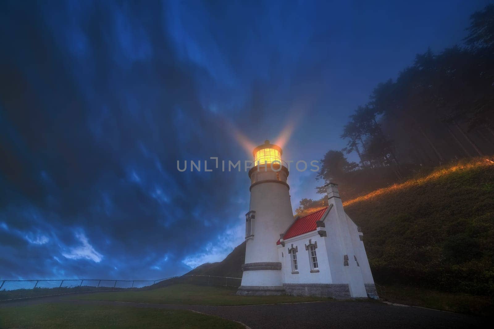 Heceta Head Lighthouse Devils Elbow State Park at Oregon Coast during Evening Blue Hour