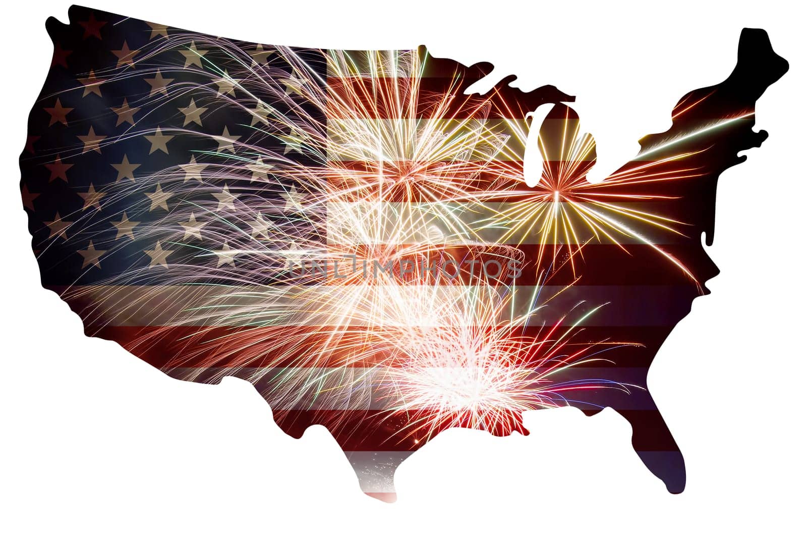 United States of America USA Flag in Map Silhouette Outline with Fireworks Background For 4th of July Illustration
