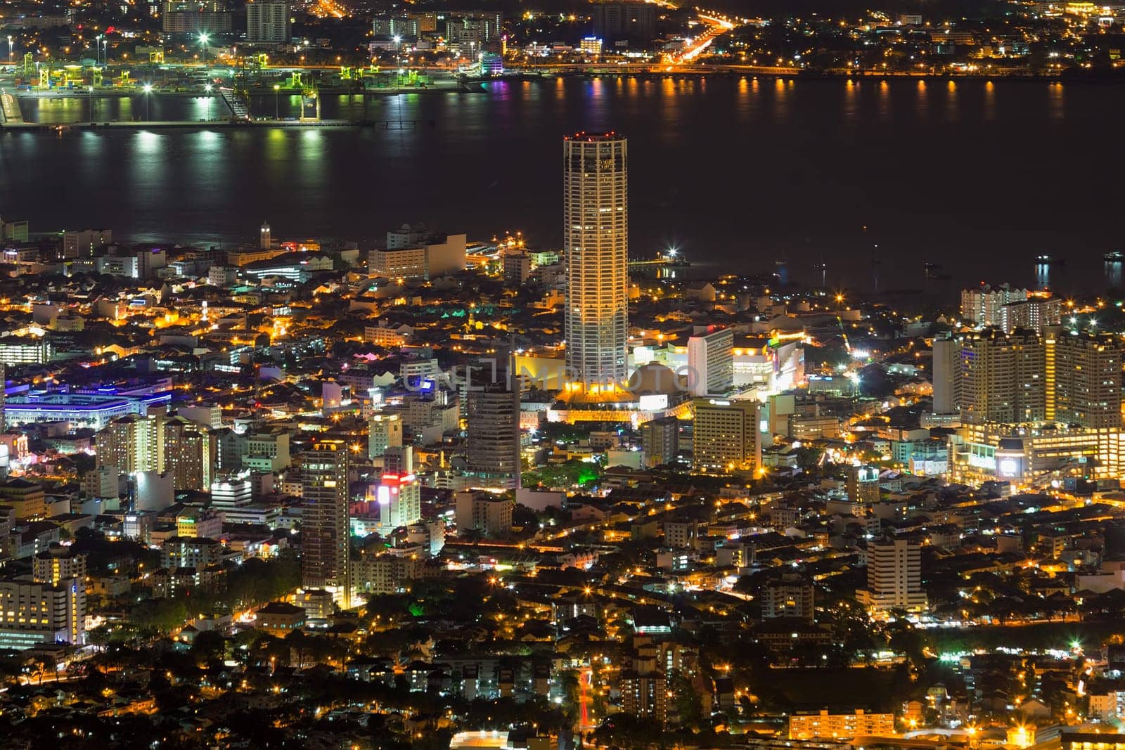 George Town Penang Malaysia Aerial Scenic view from Penang Hill with City Lights at Night
