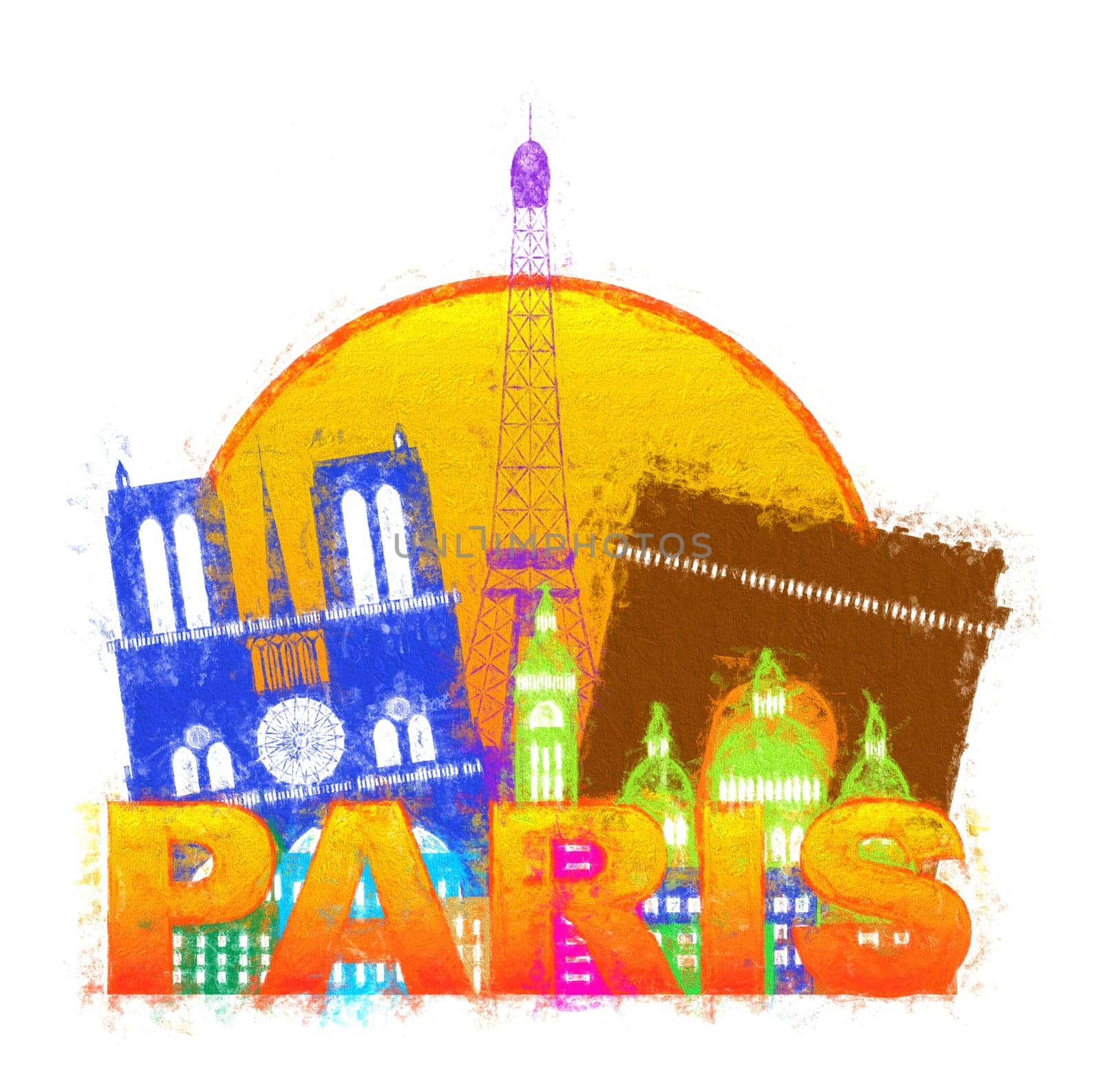 Paris France City Skyline Outline Silhouette Color in Circle Isolated on White Background Impressionist Illustration
