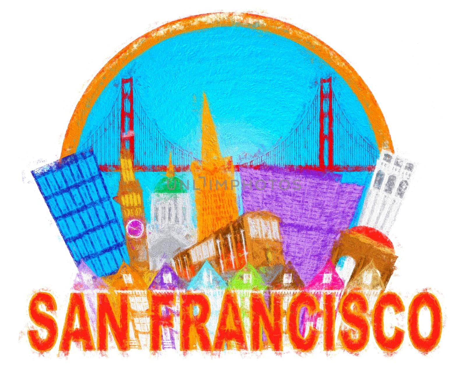 San Francisco Cailfornia Abstract Downtown City Skyline with Golden Gate Bridge and Cable Car Isolated on White Background Impressionist Illustration