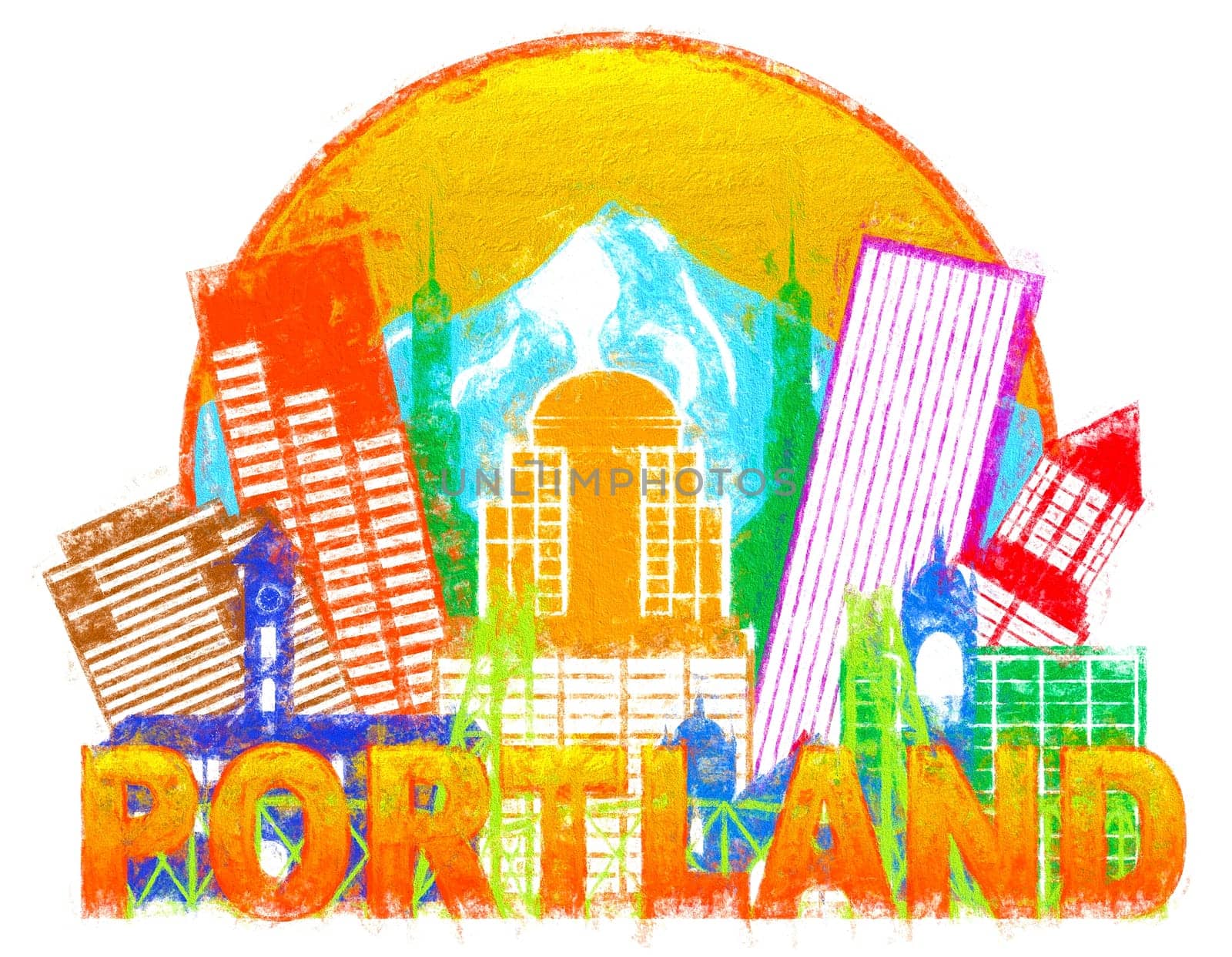 Portland Oregon Outline Silhouette with City Skyline Downtown Circle Color Text Isolated on White Background Impressionist Illustration