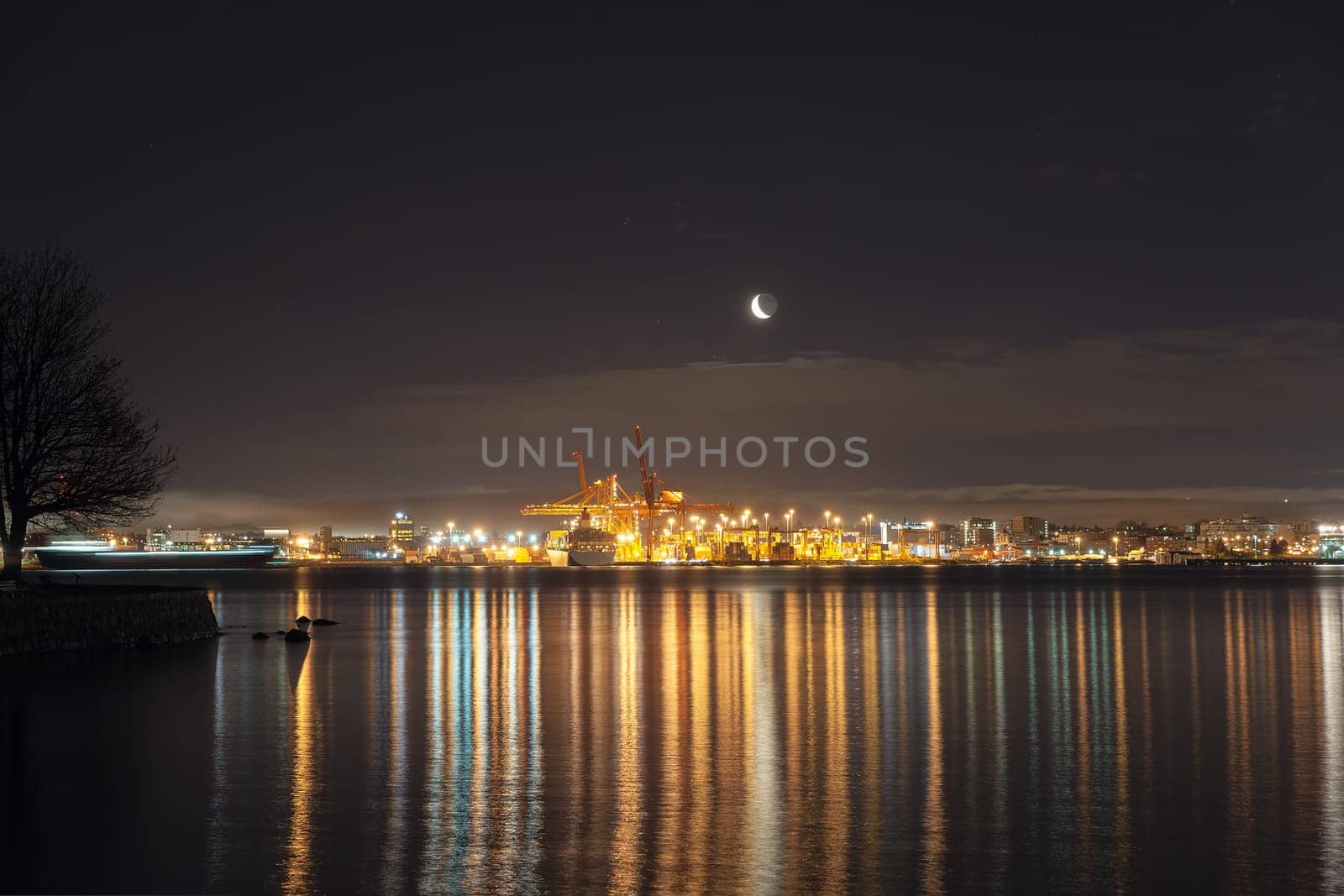 Moonrise OVer Port of Vancouver British Columbia Canada at Night