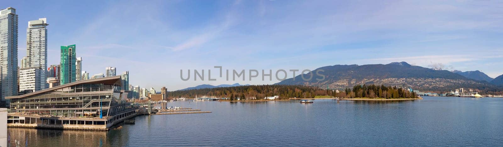 Vancouver British Columbia Canada Waterfront Stanley Park and Mountain Water View Daytime Panorama