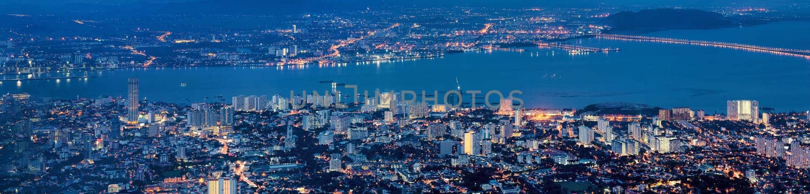 George Town Penang Malaysia Aerial Scenic view from Penang Hill during Evening Blue Hour Panorama