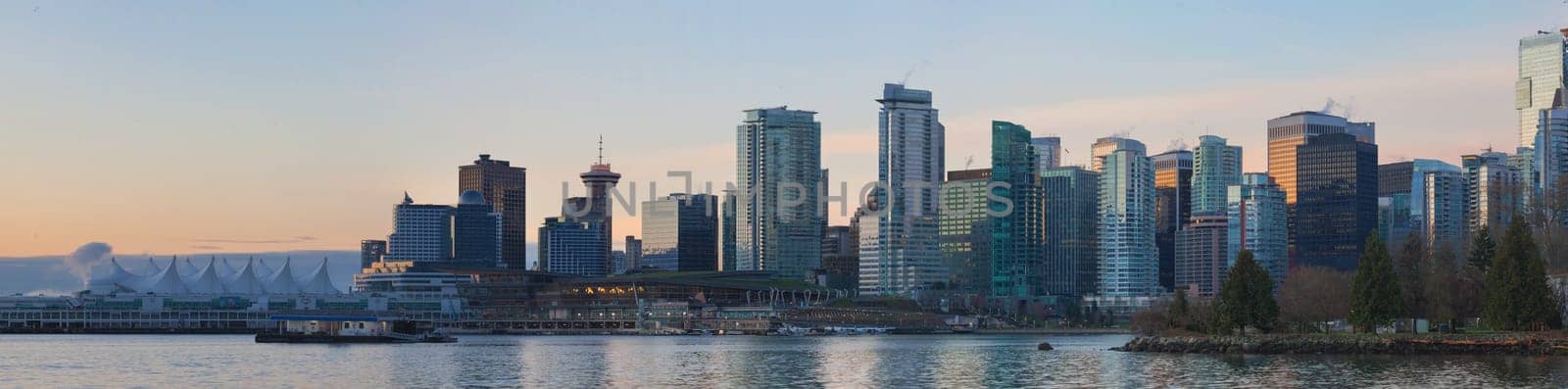Vancouver British Columbia Canada City Skyline View from Stanley Park along False Creek at Sunrise Panorama