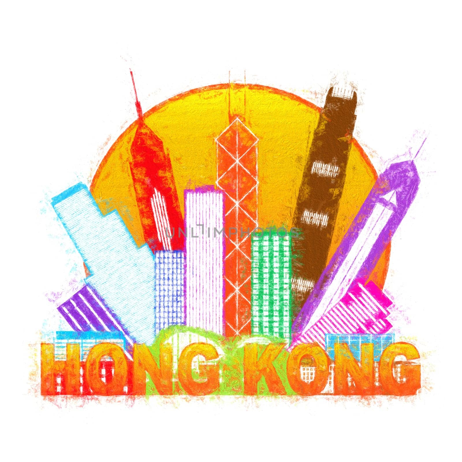 Hong Kong City Skyline in Circle Color Outline Isolated on White Background Impressionist Illustration