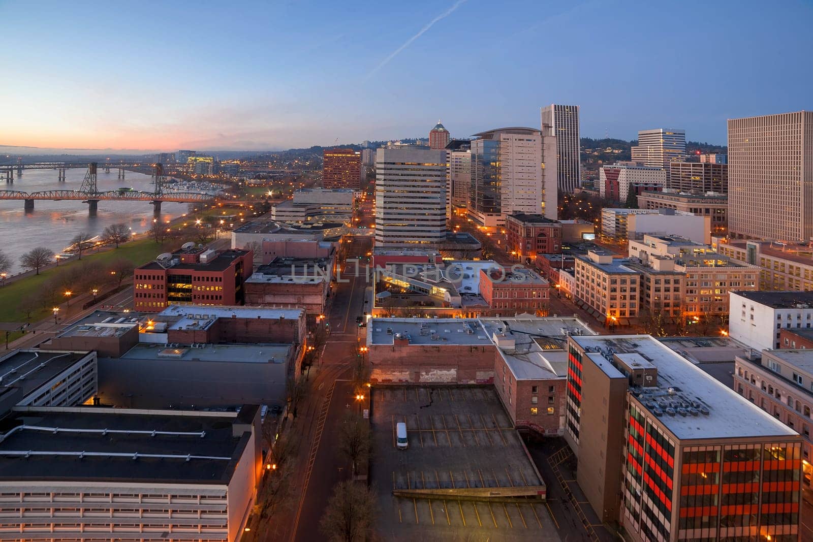 Portland Oregon downtown cityscape aerial view during early morning