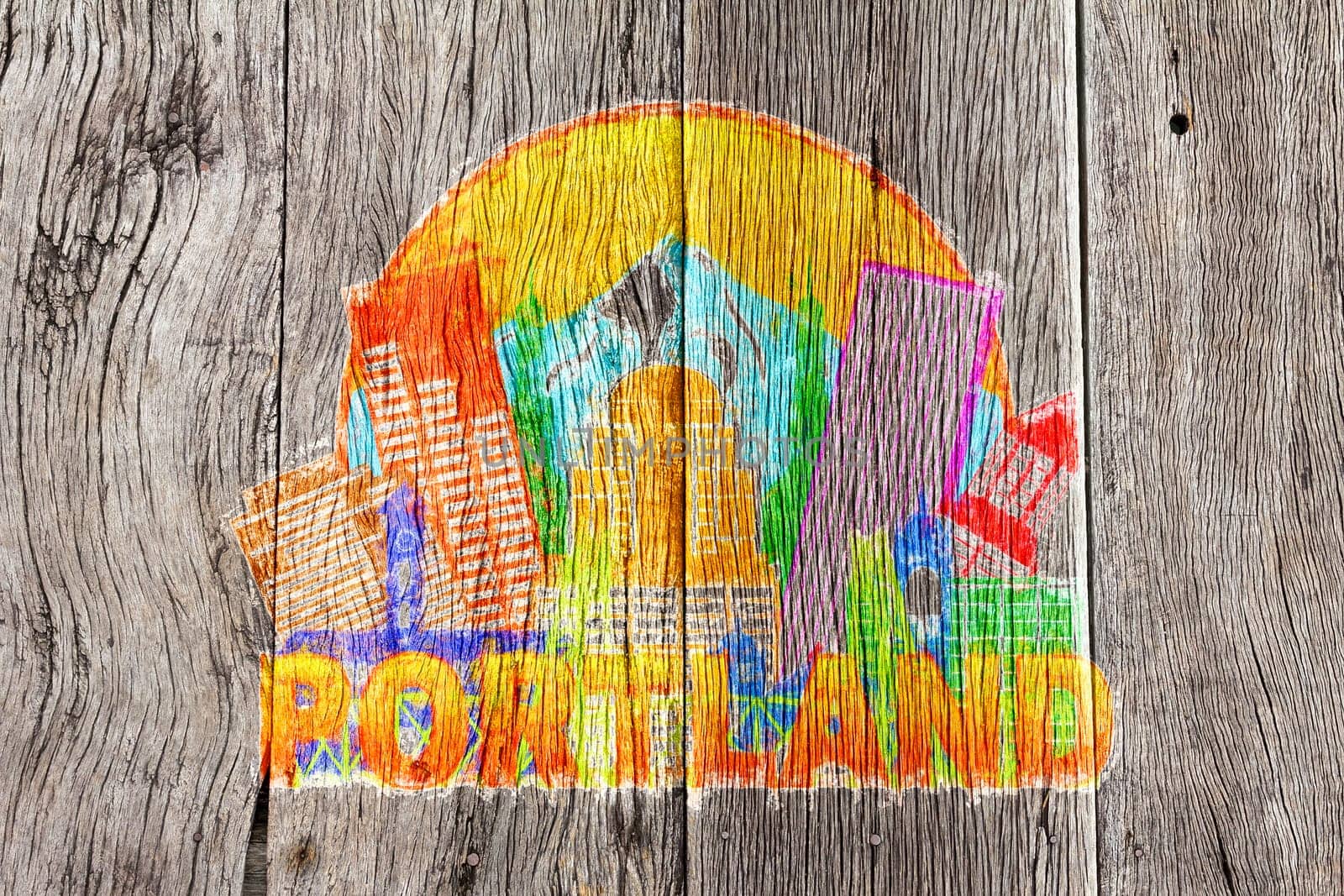 Portland Oregon Outline Silhouette with City Skyline Downtown Circle Color Text on Wood Background Impressionist Illustration