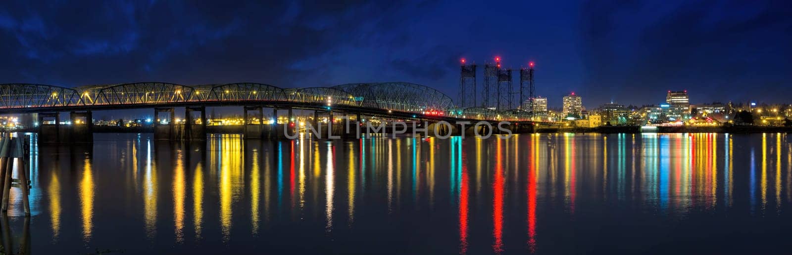 Columbia River Crossing Interstate 5 Bridge from Portland Oregon to Vancouver Washington Skyline View at Night Panorama