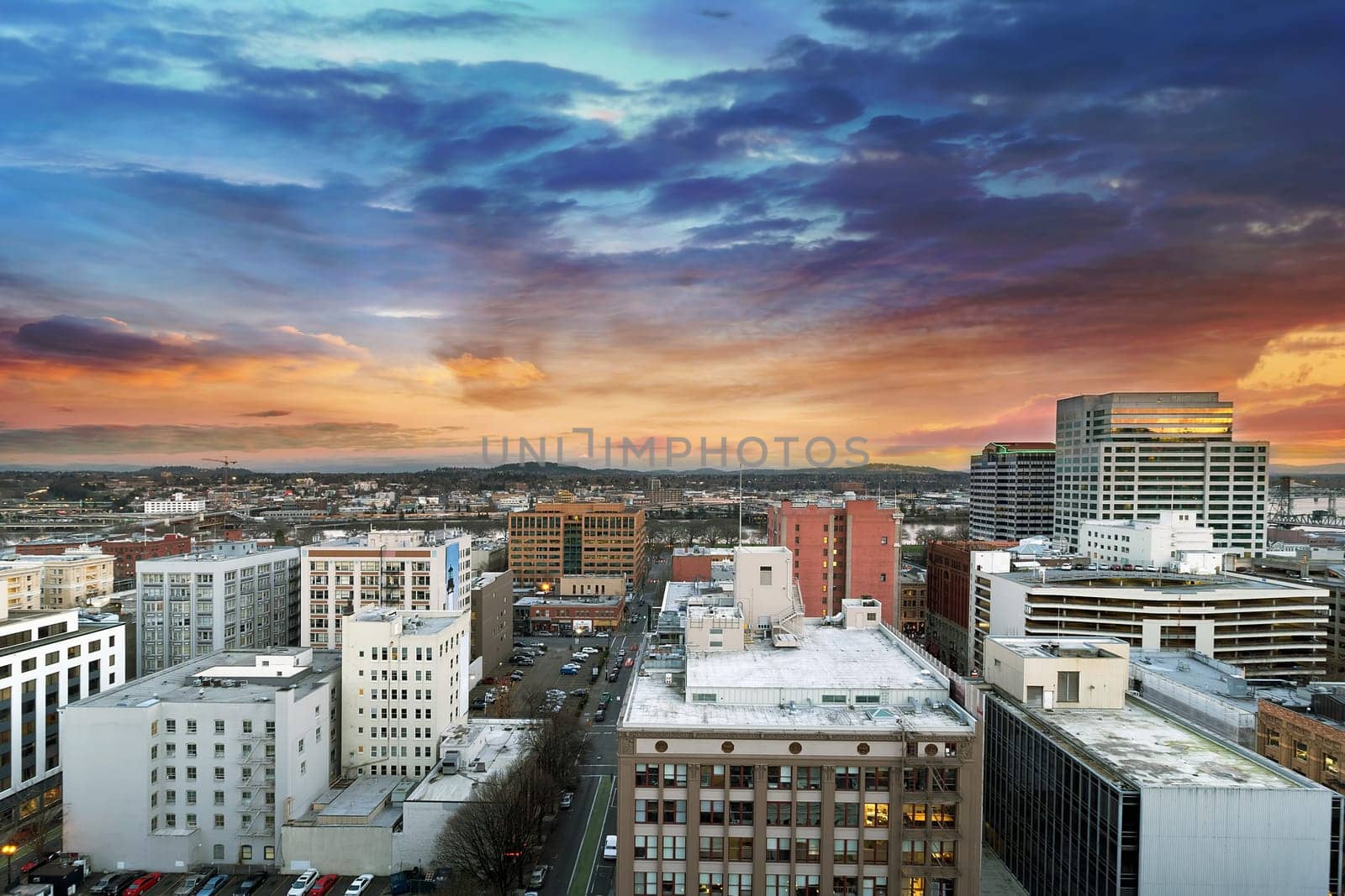 Sunset Over Portland Oregon Downtown Cityscape with Mt Hood in the Distant