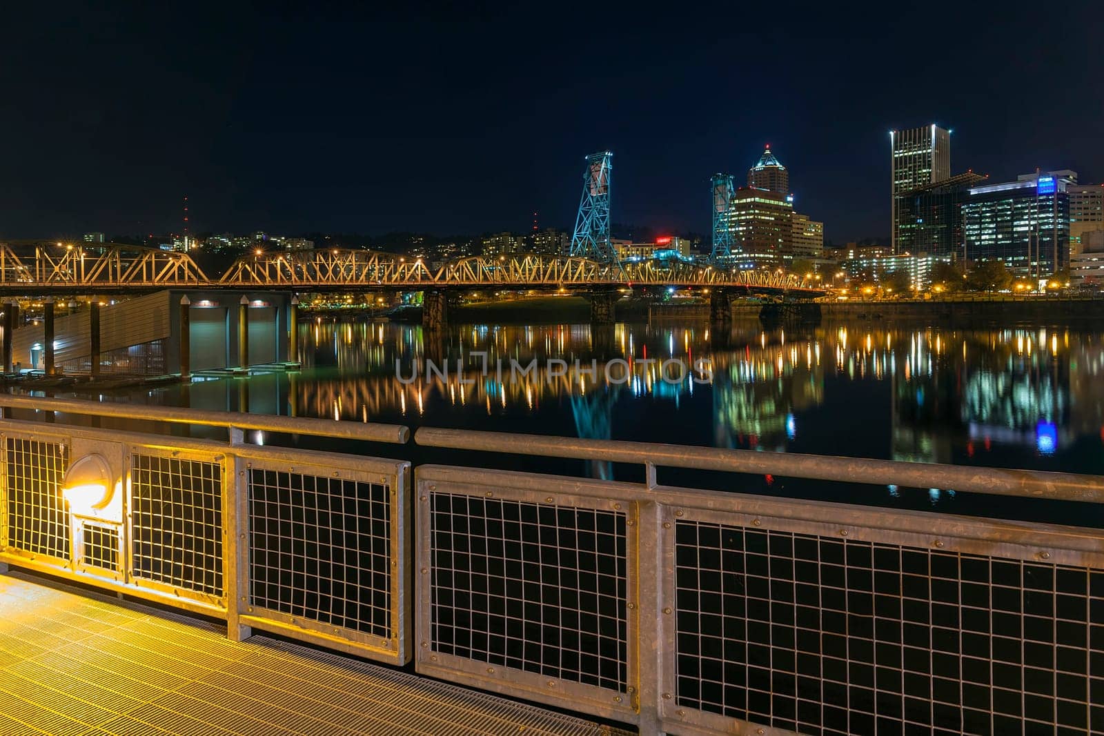 Portland Oregon Downtown Skyline and Hawthorne Bridge View from Eastbank Esplanade at Night