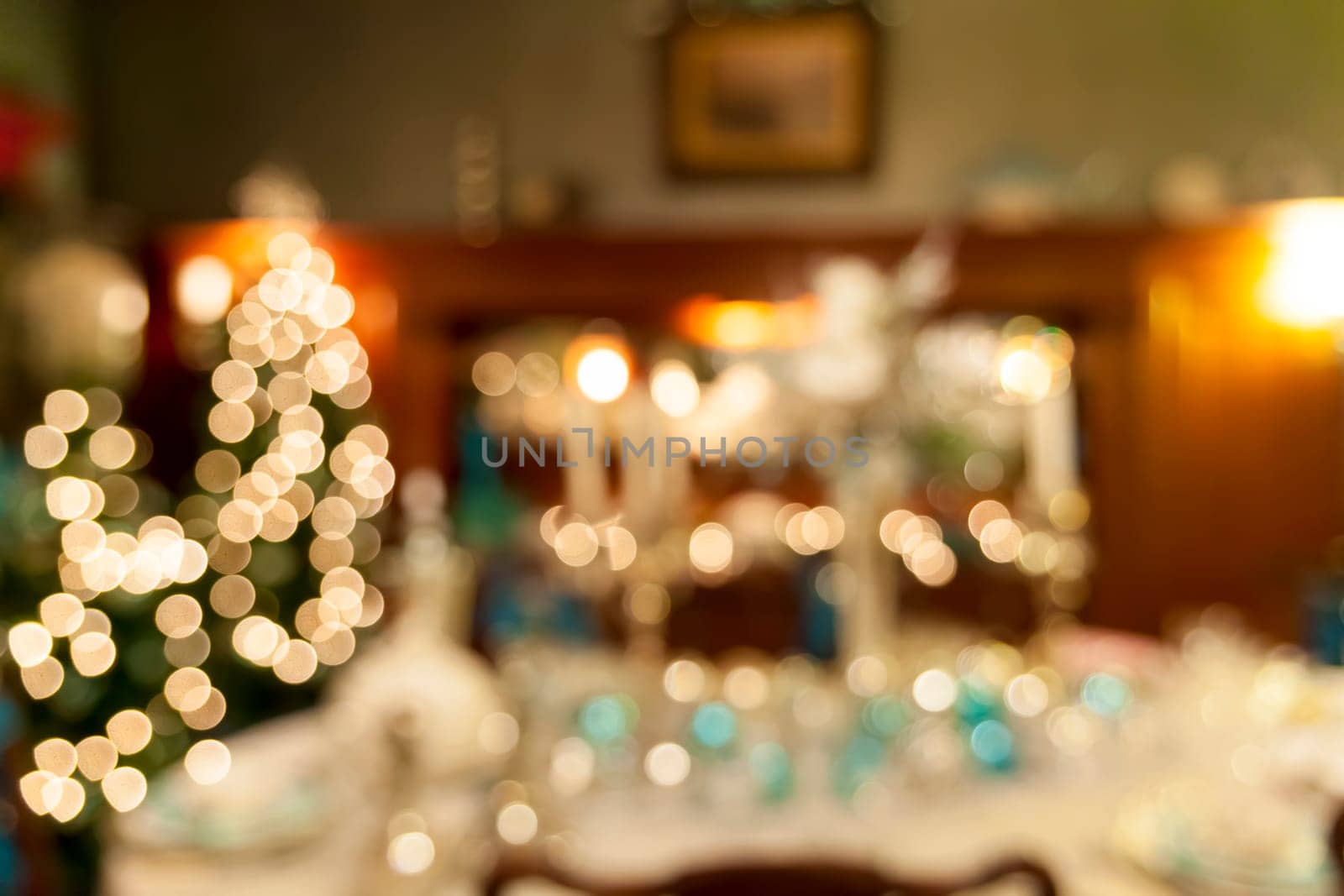 Christmas Day Holiday Celebration Dinner Table Decorations Blurred Defocused Bokeh Background Closeup