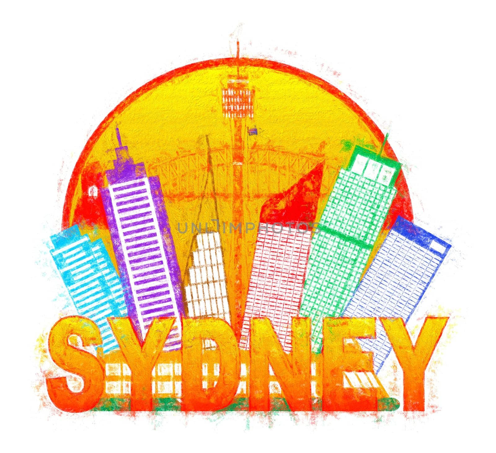 Sydney Australia Skyline Landmarks Harbour Bridge Color in Circle Isolated on White Background Impressionist Illustration