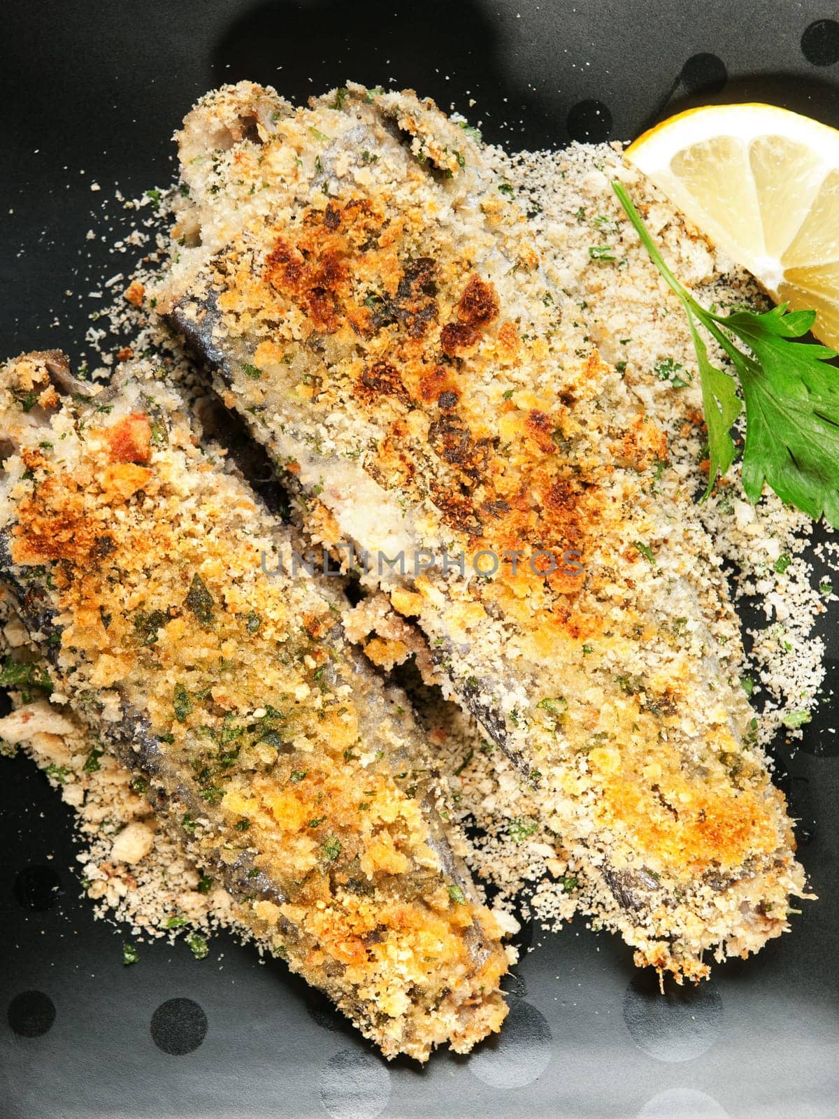 Crunchy Oven-Fried Fish with croutons and parmesan cheese