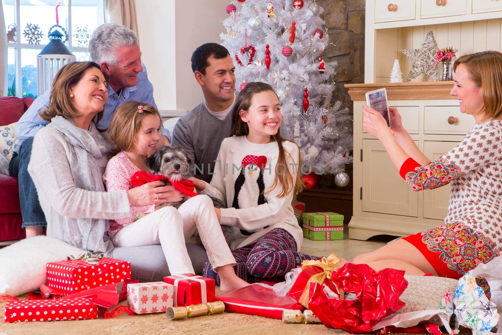 Mum takes picture of Three Generation Family with new Puppy at Christmas. They all look happy and smile at the camera.