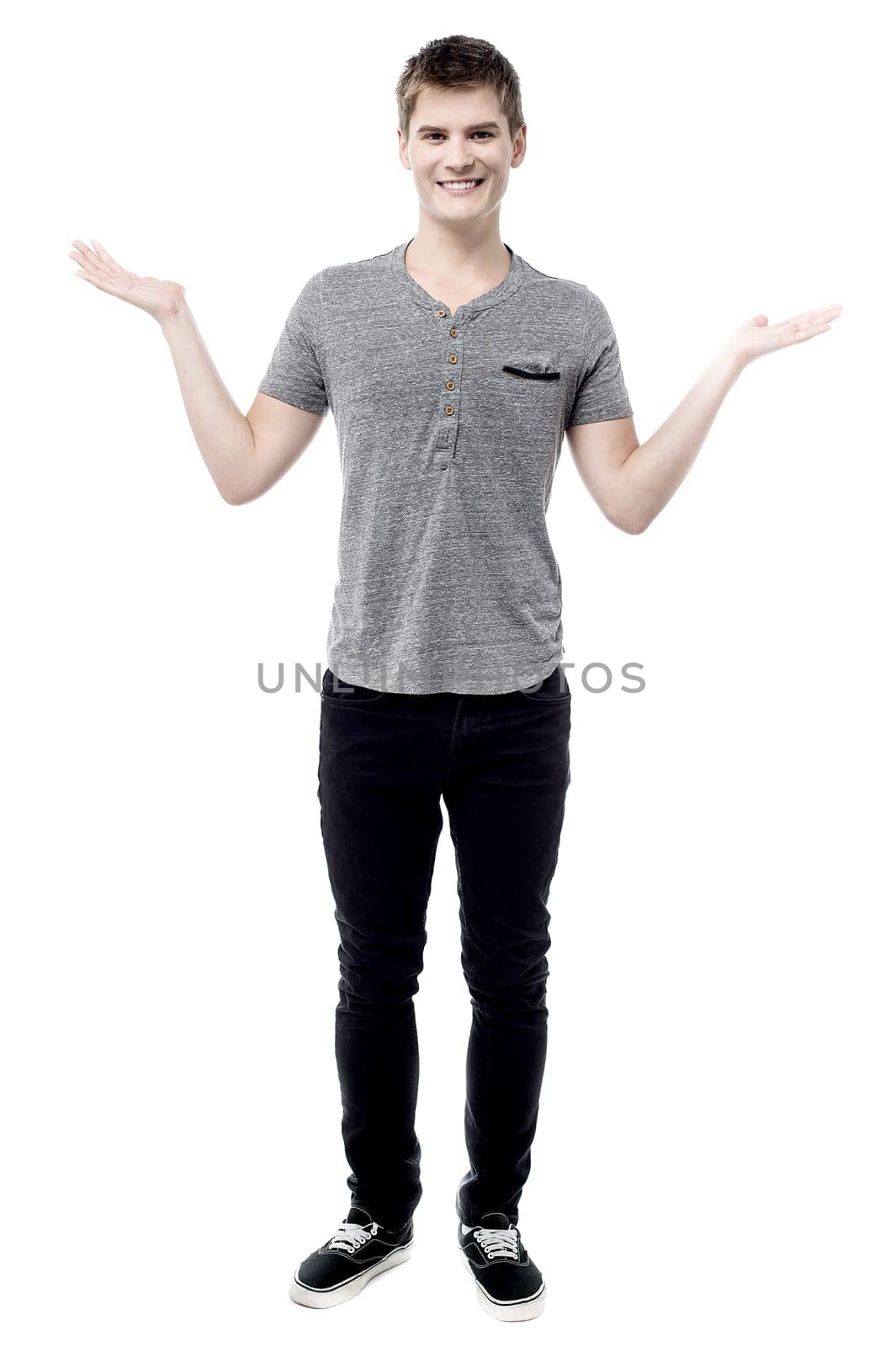 Full length of handsome male welcome with smile