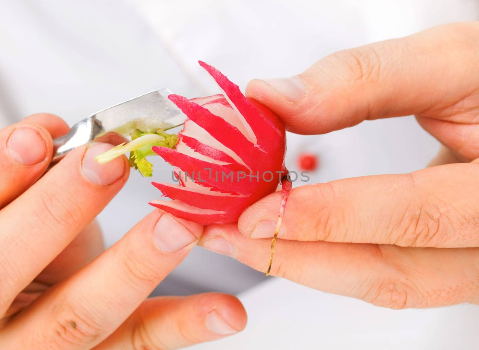 Food carving with radish made like flowers
