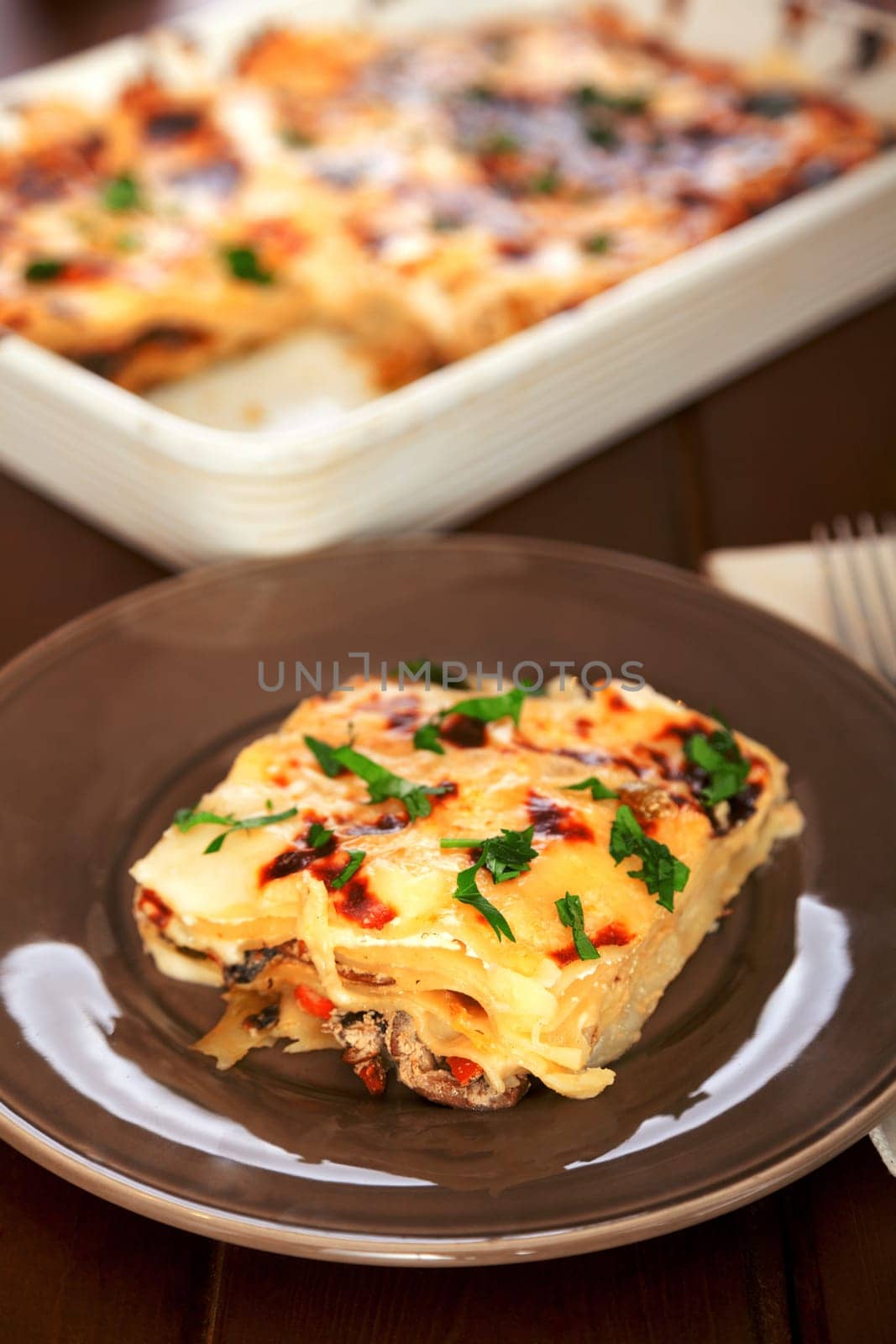 Typical italian lasagna served in a plate, one portion in front, baking dish blurred in the background