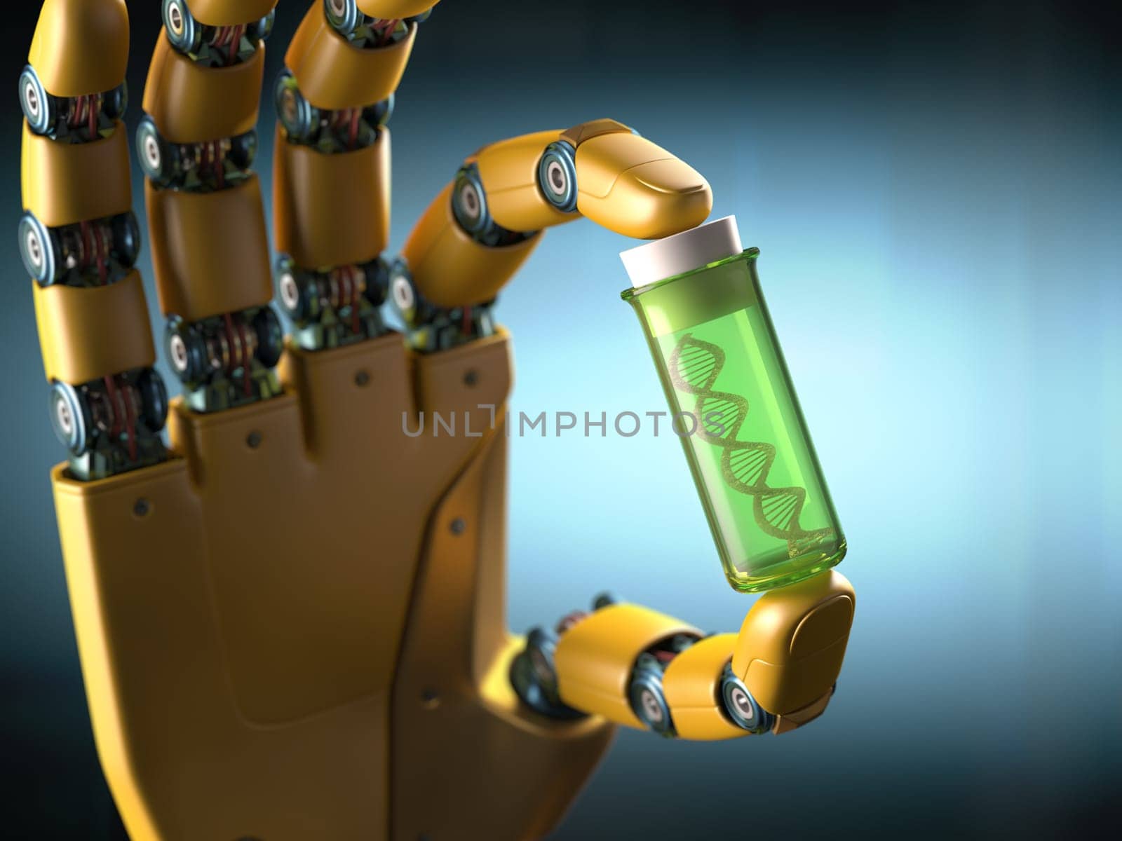 Robotic hand holding a test tube with a sample DNA inside. Concept of the technology.