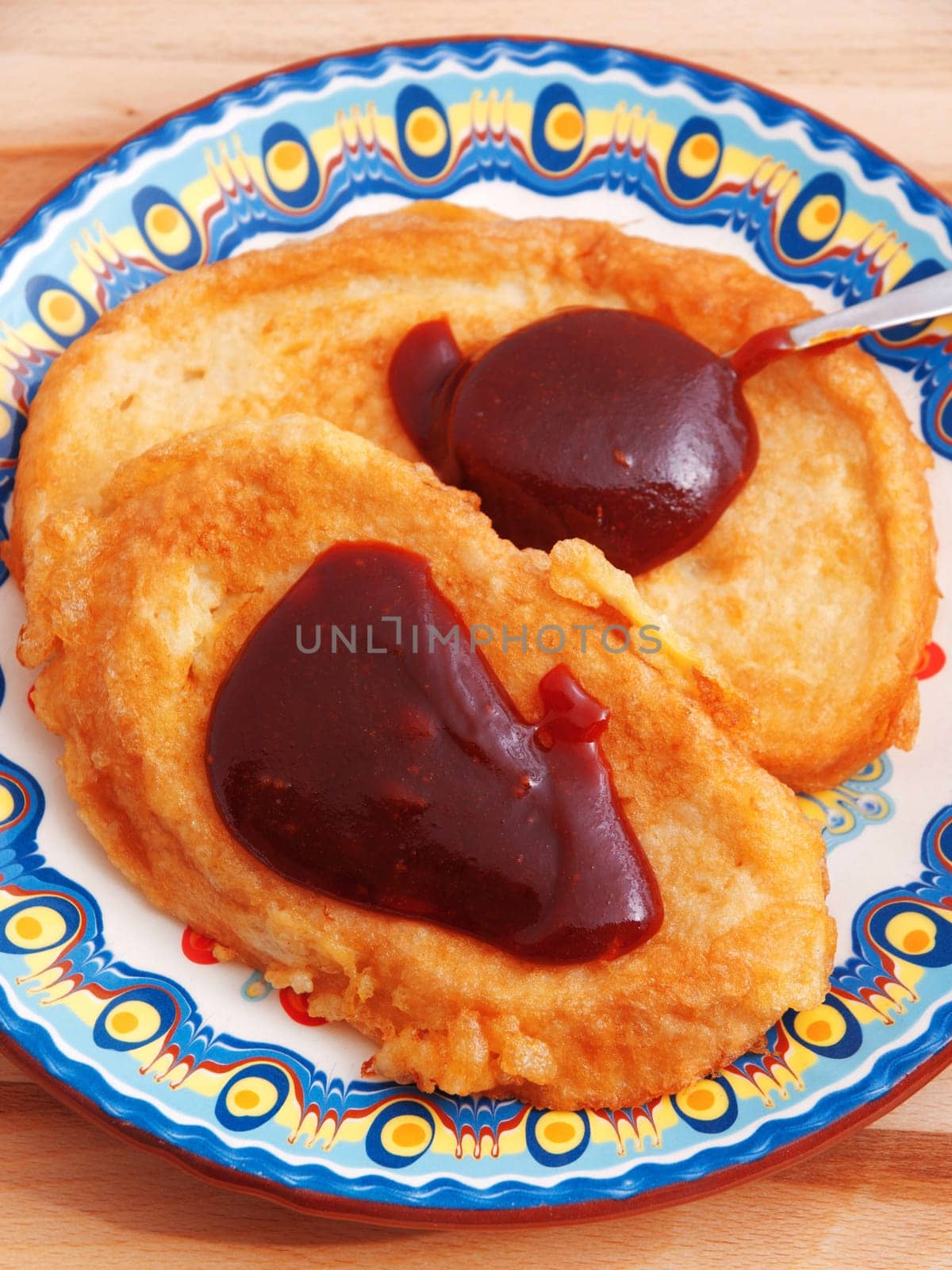 French toast with strawberry jam - fried bread for breakfast