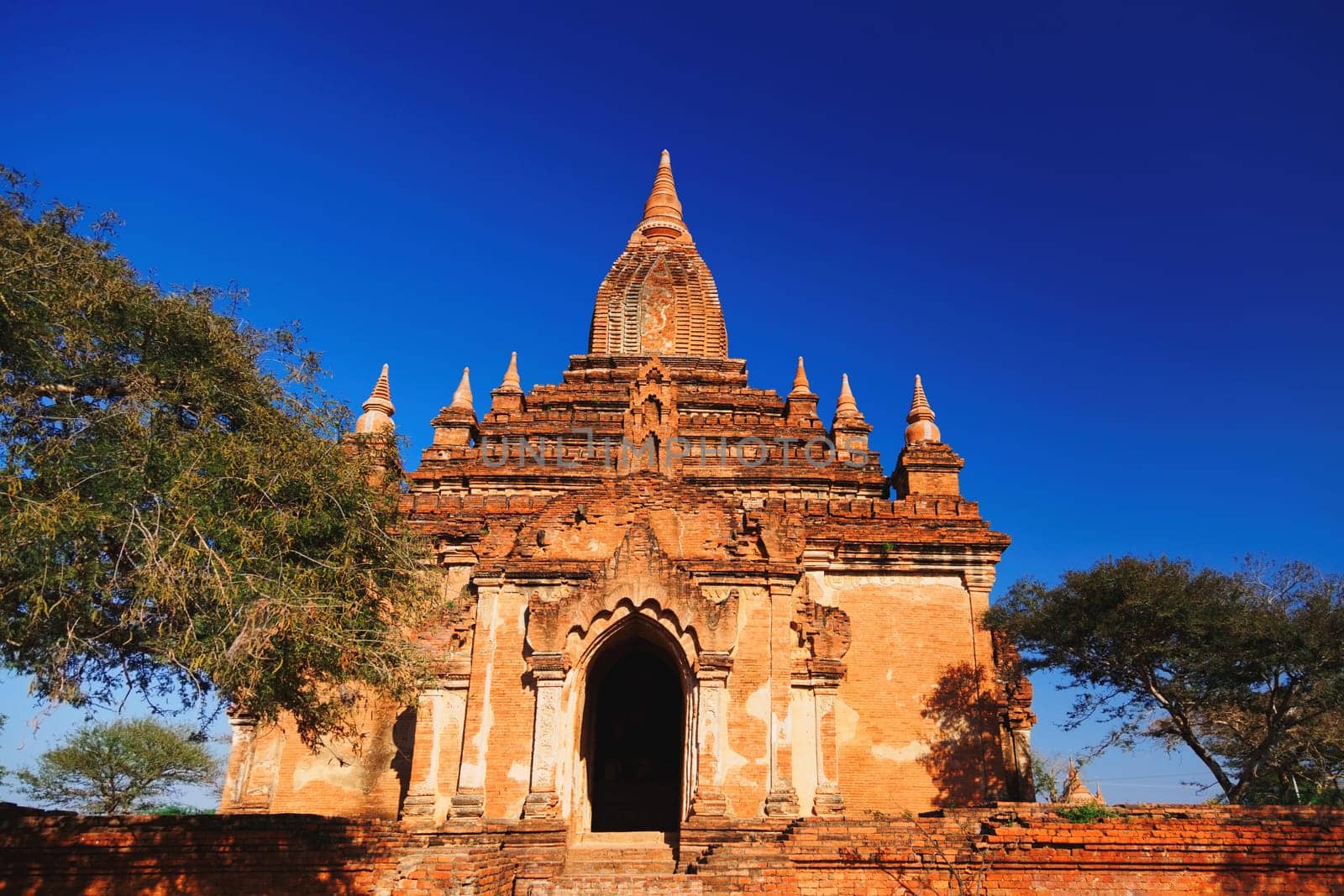 Front view of an ancient pagoda in Bagan