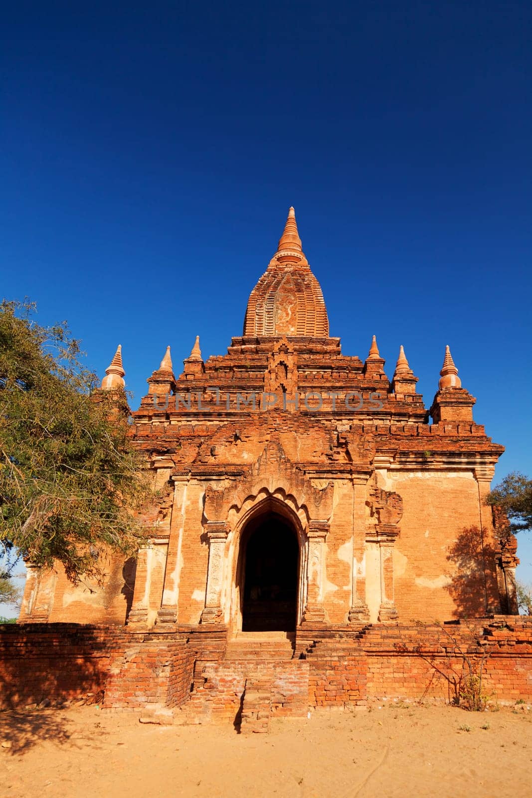 Front view of an ancient pagoda in Bagan