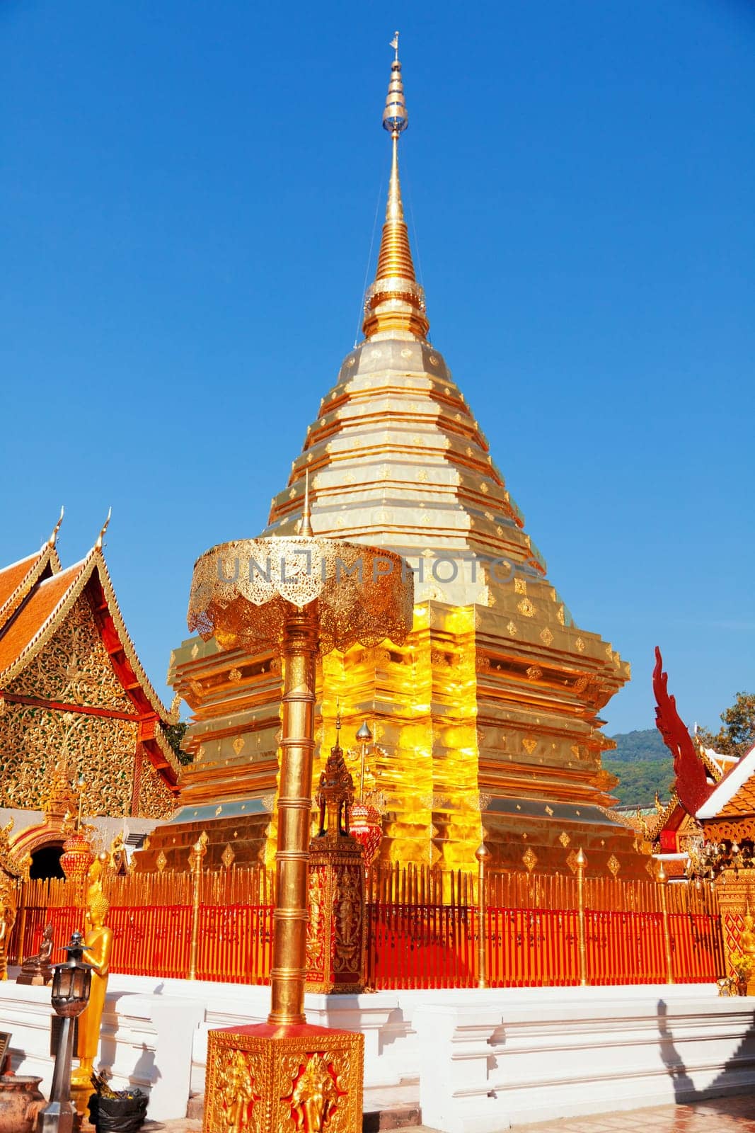 Wat Phrathat Doi Suthep is a Theravada Buddhist temple in Chiang Mai Province, Thailand. The temple is often referred to as Doi Suthep although this is actually the name of the mountain it is located on. The temple is located 15 km from the city of Chiang Mai and is a sacred site to many Thai people.