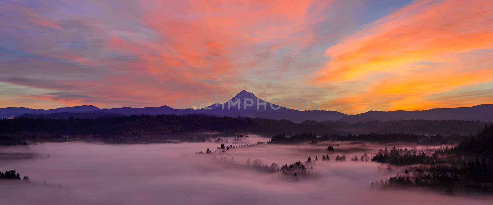 Pre Sunrise Over Mount Hood with Fog Over Sandy River from Jonsrud Viewpoint in Oregon Panorama