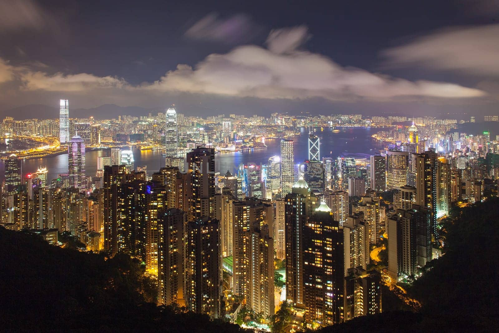 Hong Kong Island Central Cityscape with Victoria Harbour at Night from Victoria Peak