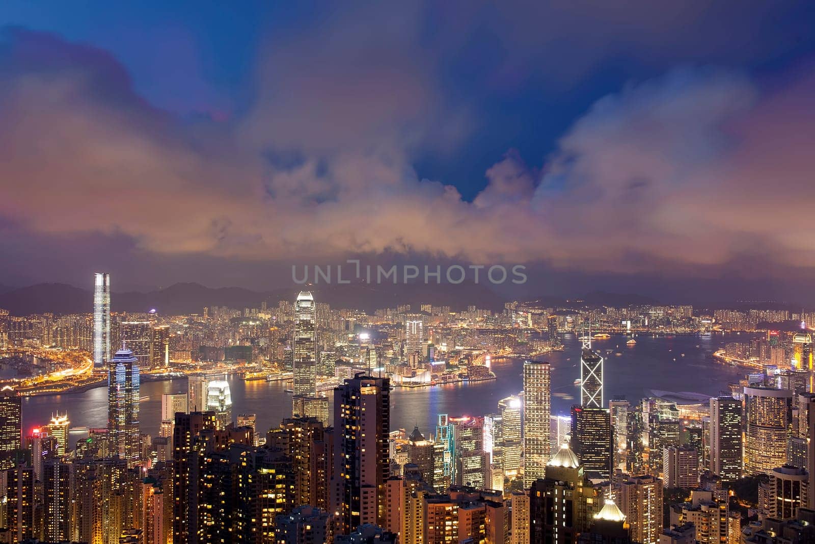 Hong Kong city and Victoria Harbour View from Victoria Peak at Blue Hour