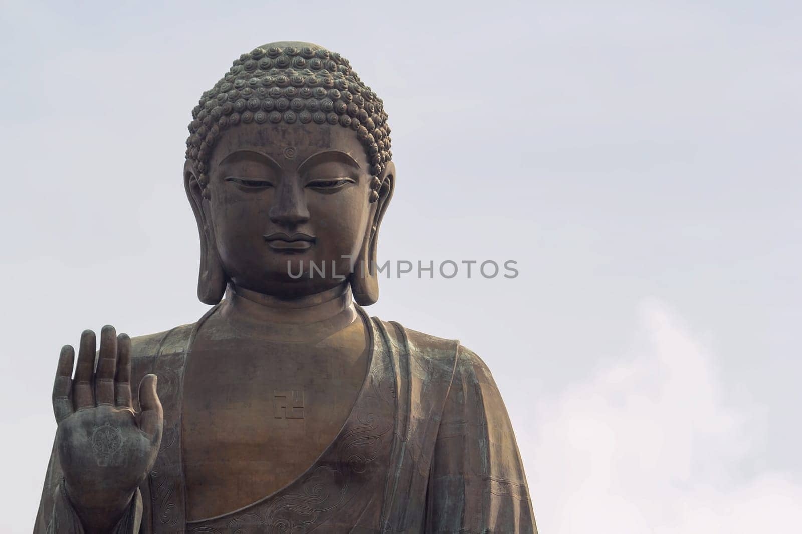 Tian Tan World Largest Sitting Bronze Buddha at Ngong Ping Village in Hong Kong Closeup