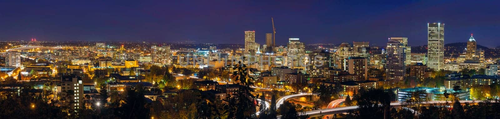 Portland Oregon Downtown Cityscape and Freeway at Evening Blue Hour Panorama