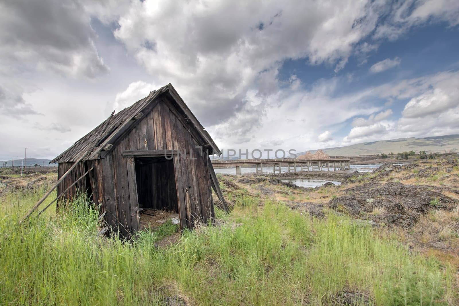 Old Abandoned Native American Fishing Shacks Along Columbia River by the Dalles Bridge in Oregon