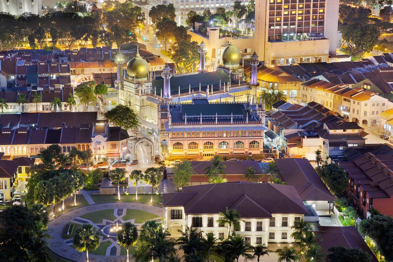 Sultan Mosque in Malay Kampong Glam at Night Aerial View