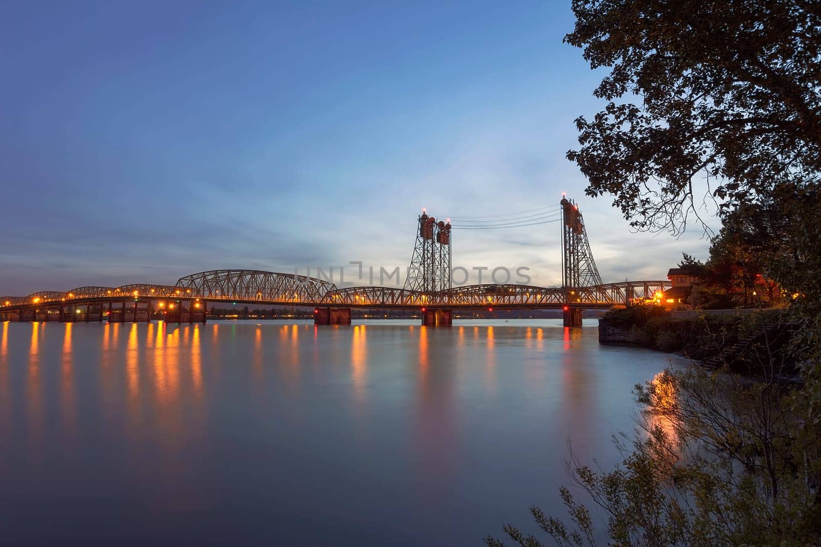 Interstate Bridge I-5 Over Columbia River After Sunset at Dusk Between Oregon and Washington States