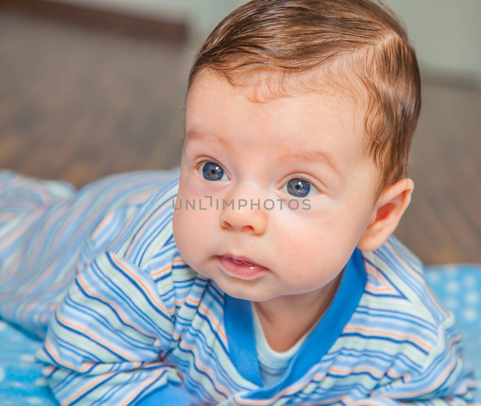 Portrait of a 2 months old baby boy at his home.