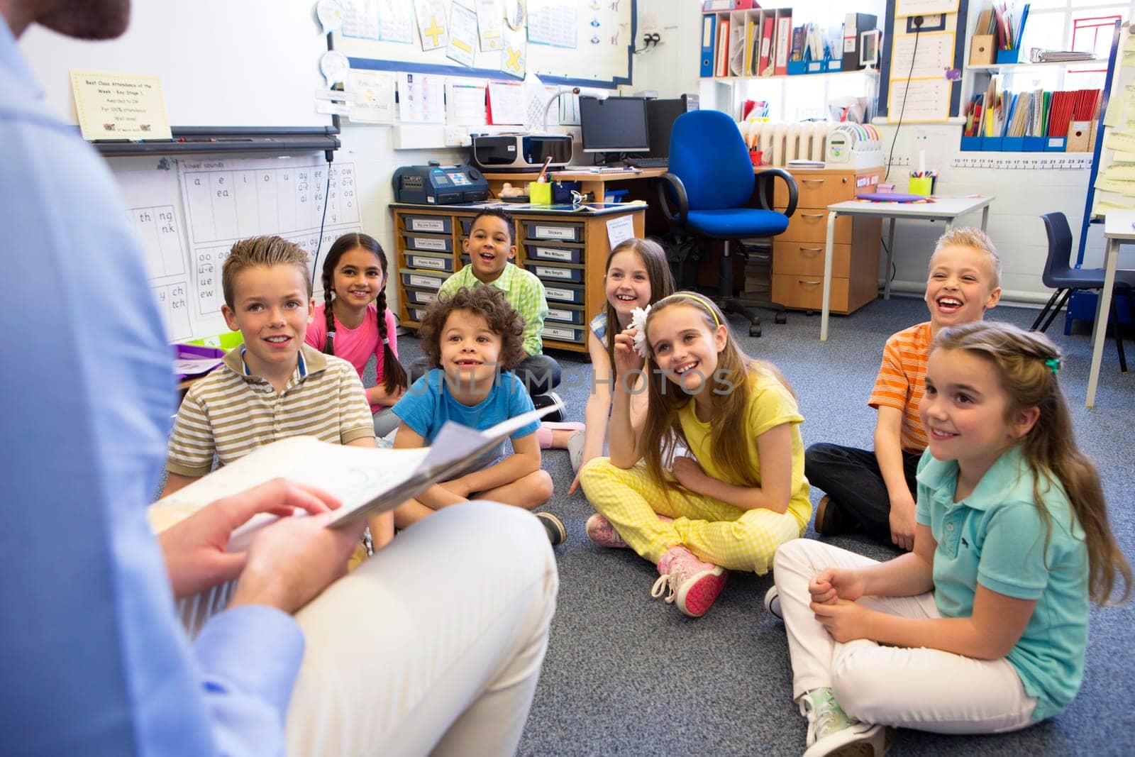 A group of children sit on the floor cross legged, listening to the teacher read a story.