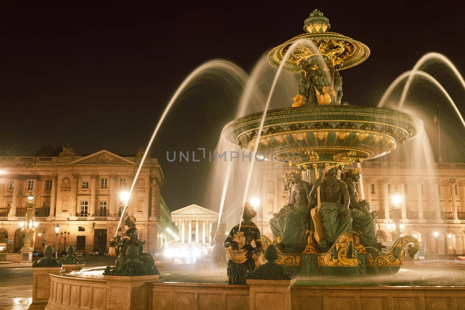 Place de la Concorde by night, close up of the fountains, Paris