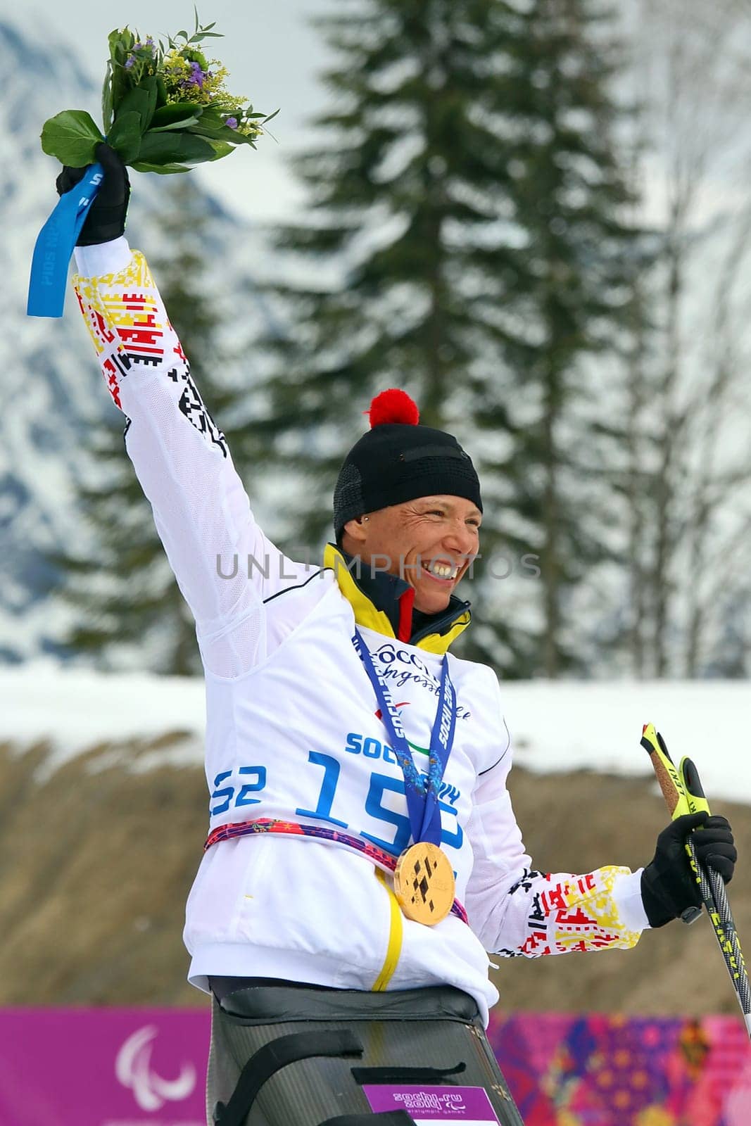 Two-time gold medallist: Andrea Eskau at the award ceremony after the race over five kilometers - Cross Country Skianglauf - 9th day of competition Paralympics Sochi 2014 / Paralympic Winter Games Sochi 2014
