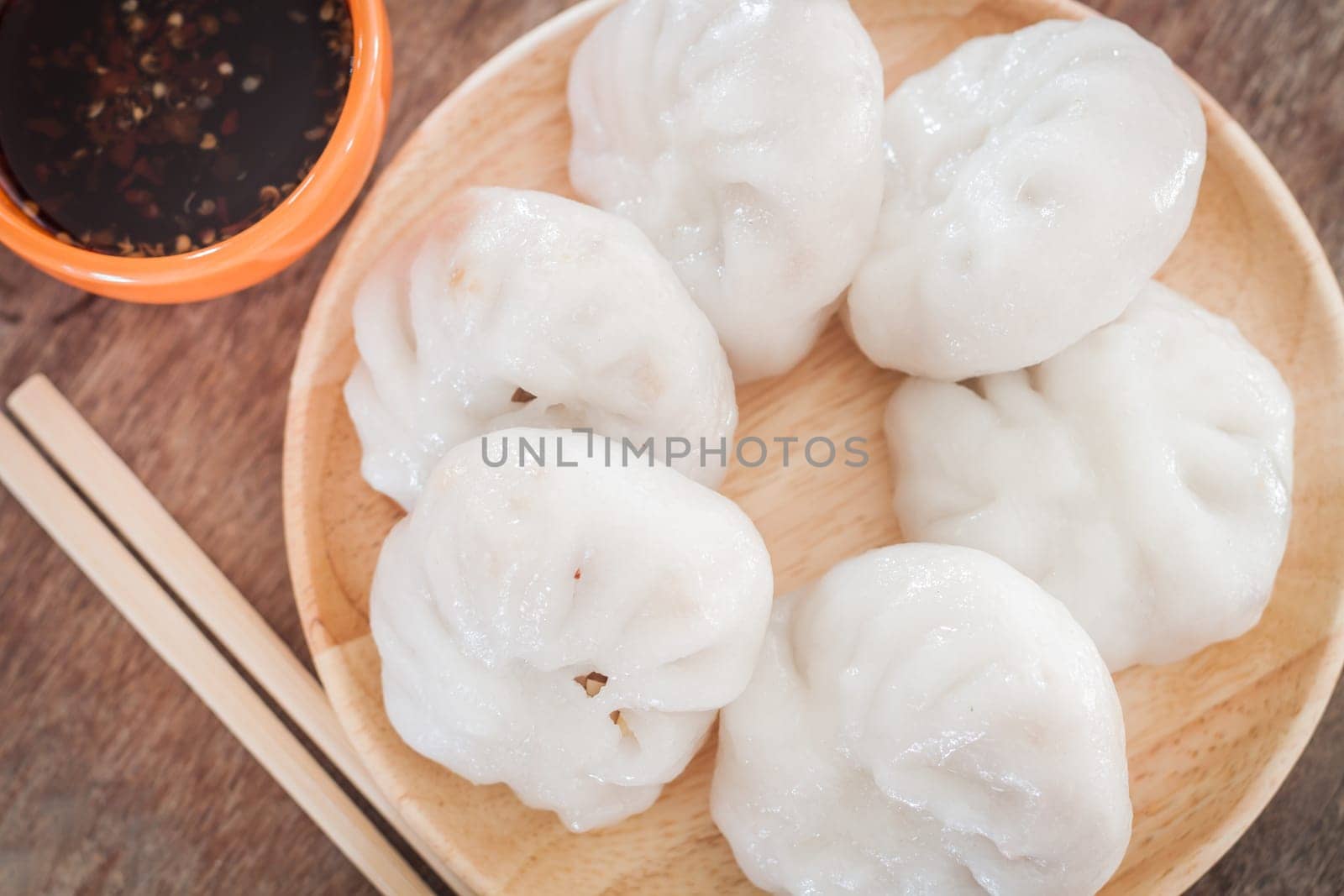 Chinese leek steamed dessert on wooden table, stock photo