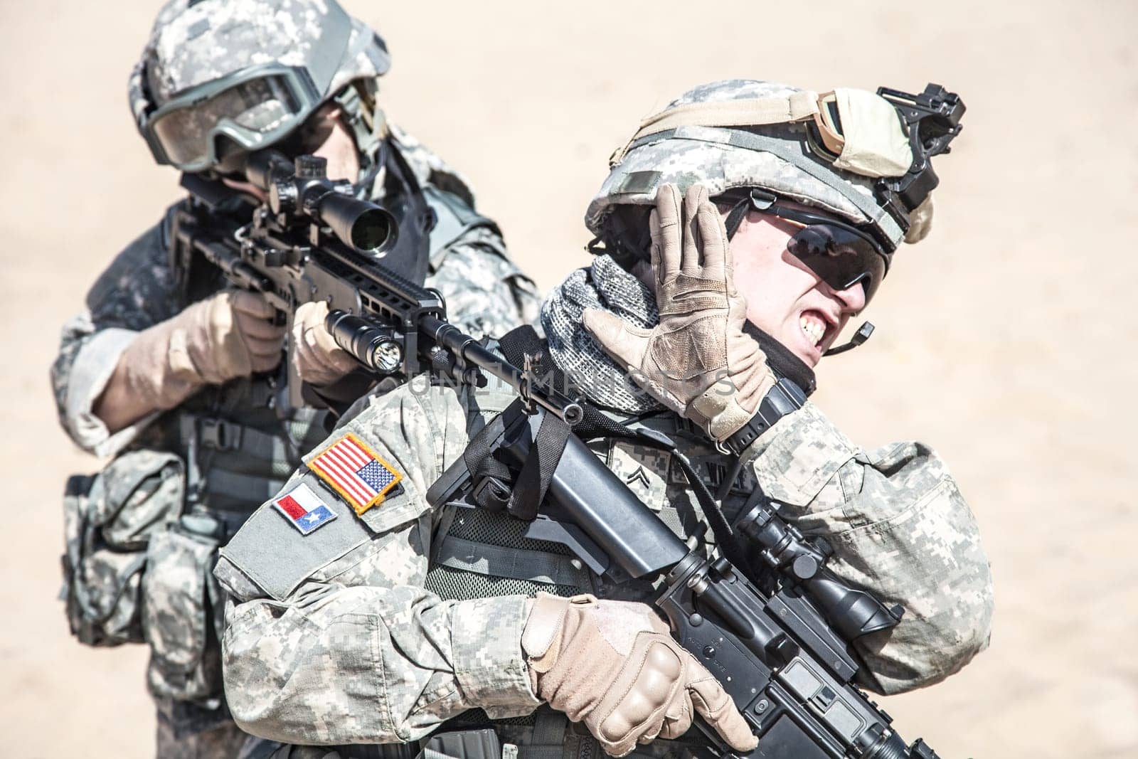 United States paratroopers airborne infantrymen in action in the desert