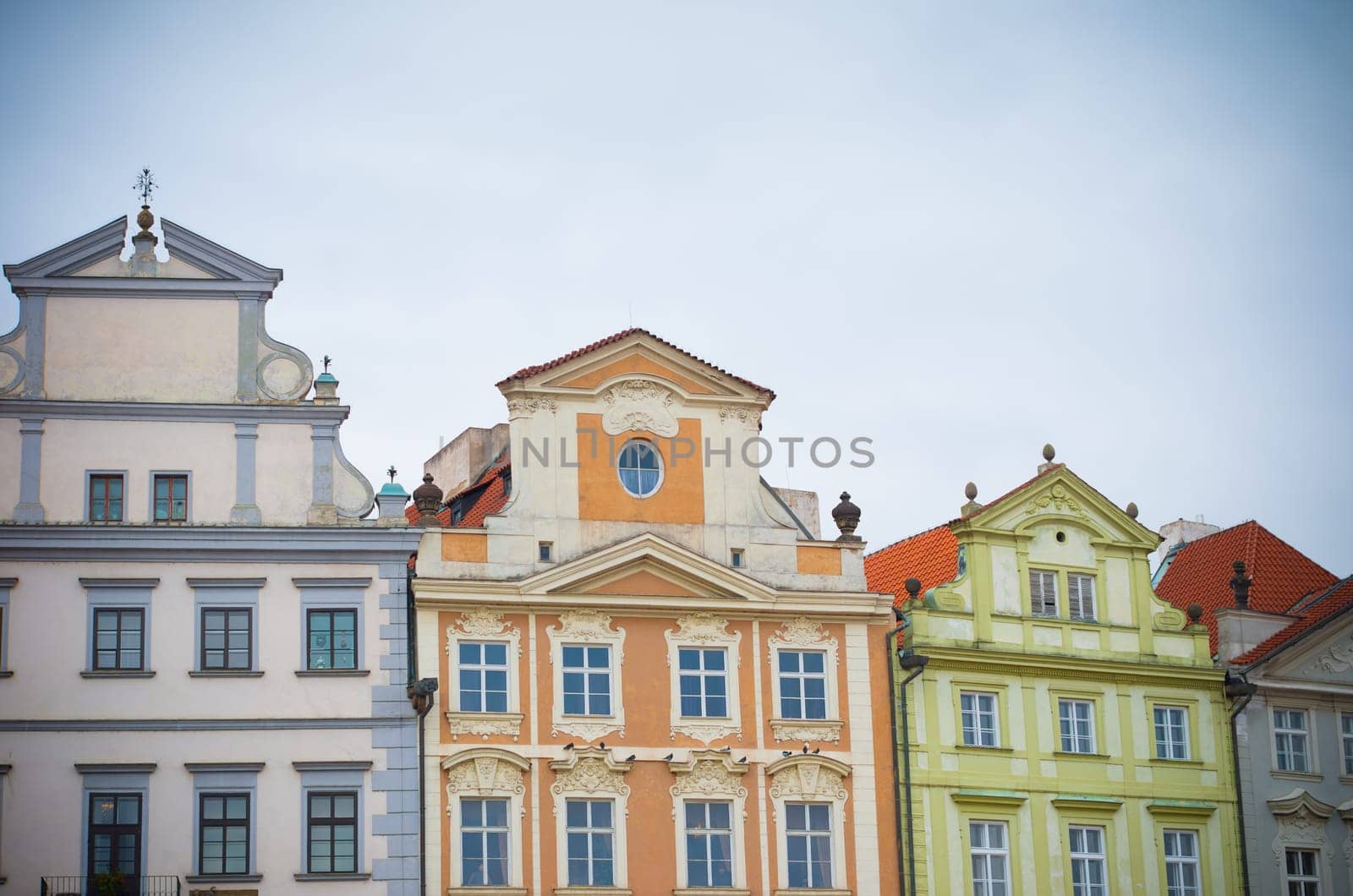 Typical facades of houses in the lower city center. Prague is considered one of the most beautiful cities in Europe and the historical center is on the UNESCO World Heritage List