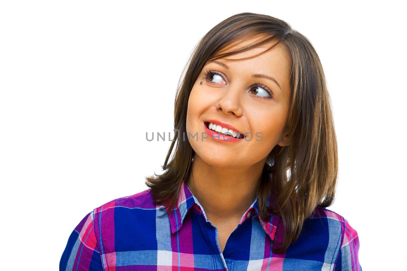 Young woman looking away isolated on white background, close up