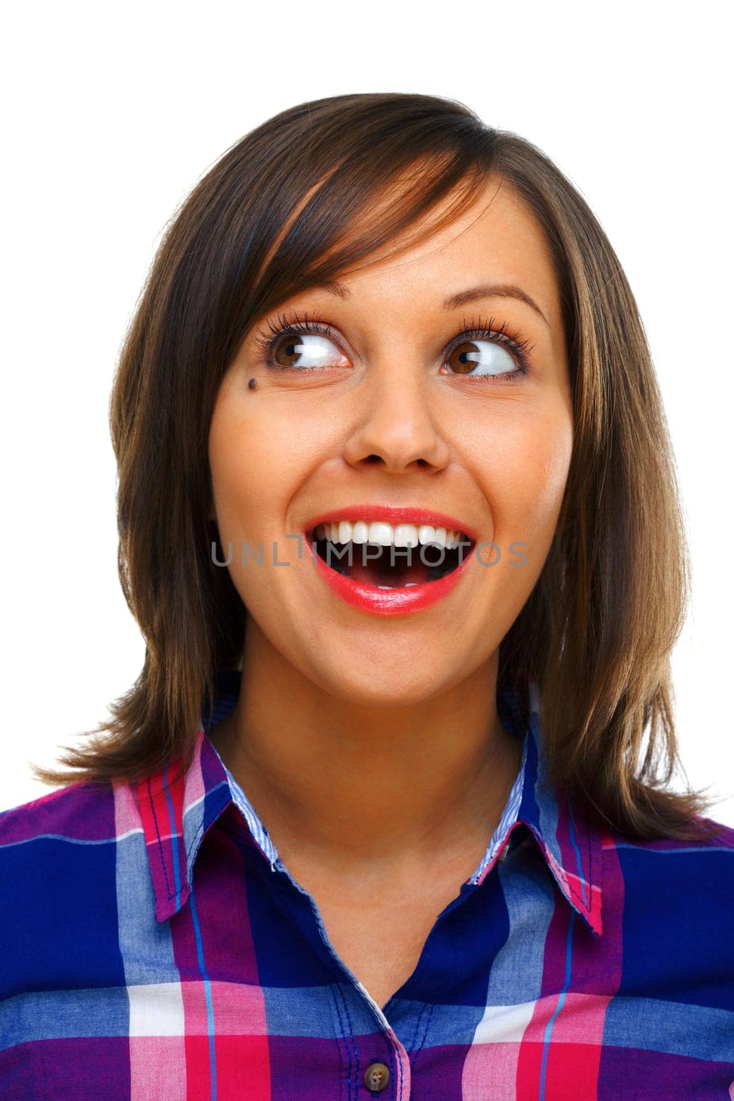 Young woman looking away isolated on white background, close up