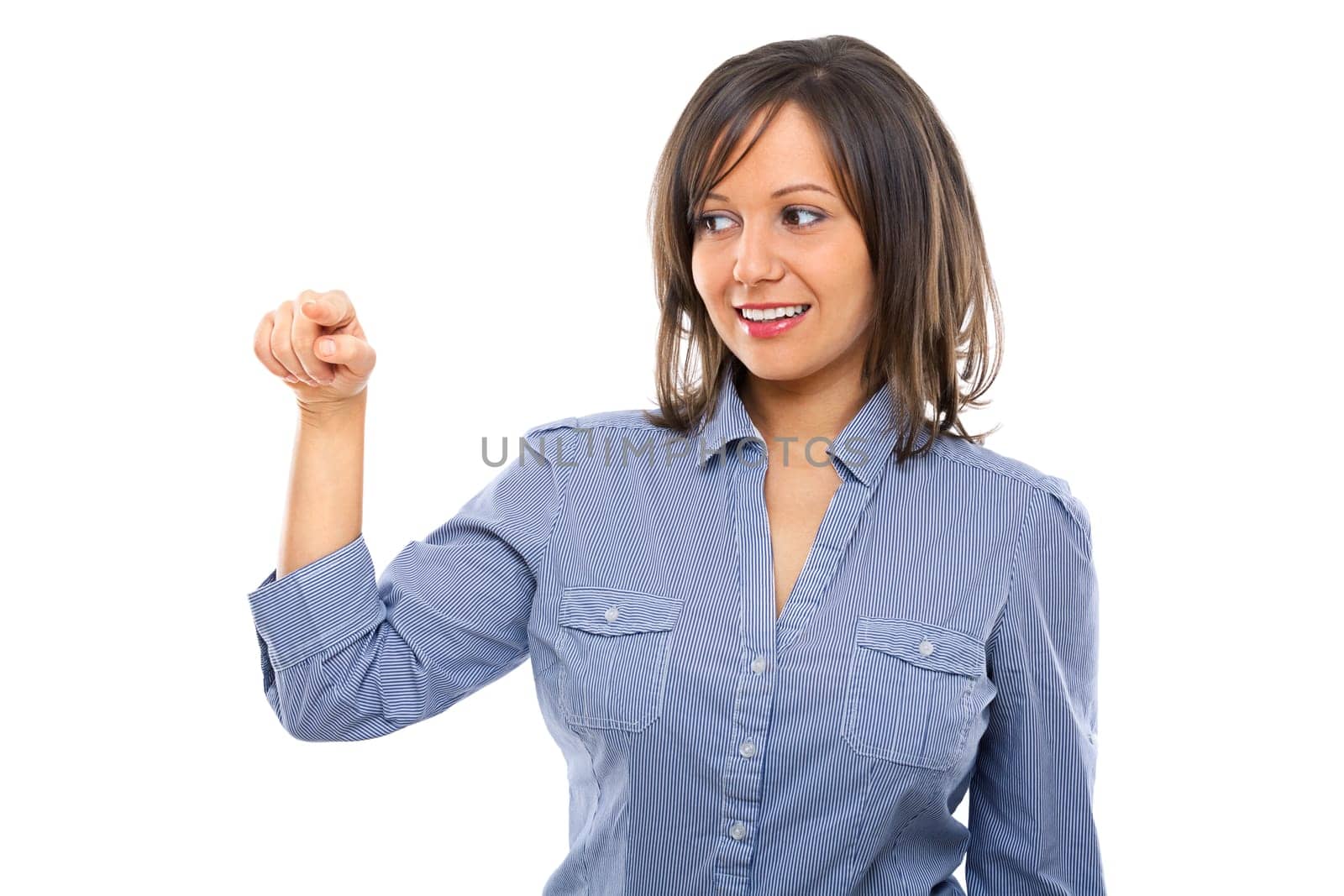 Businesswoman pointing with a finger isolated on white background