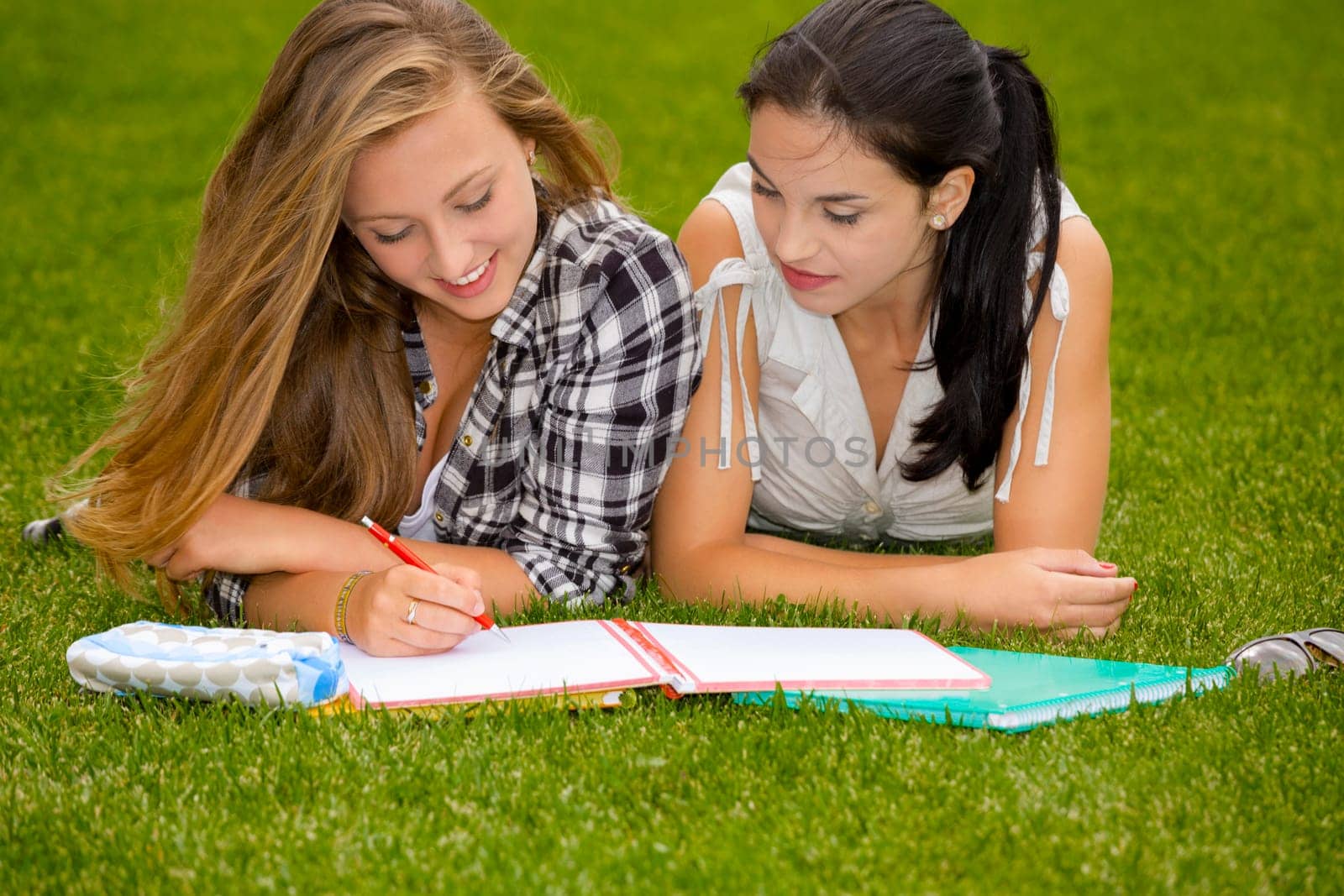 Tennage students sitting on the grass and study together